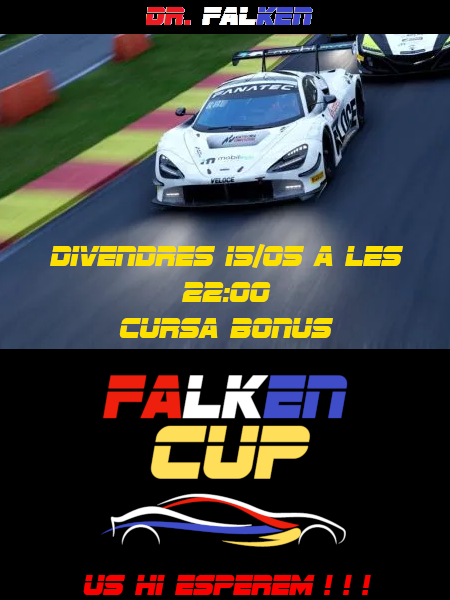 Aquest divendres a la FalkenCUP, teniu un event BONUS, on els pilots del 4 al 15 competiran en dues curses per dos premis del campionat.

Tot això amb només 10m de practiques i sense conèixer circuit ni cotxe.

Que pot sortir malament ;-)