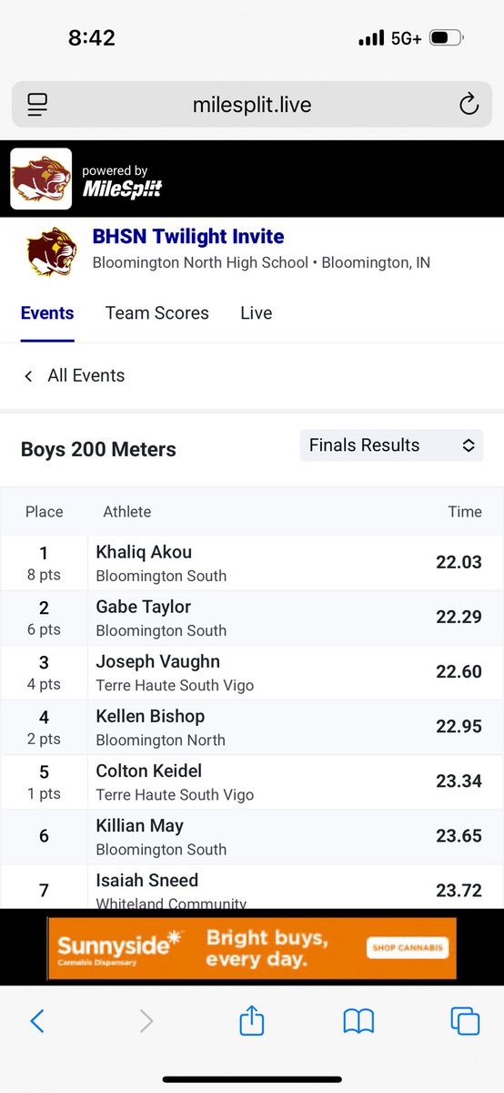 After anchoring the 4x100 relay to a new school record, Khaliq Akou resets his school record in the 200m with a 22.03 🔥.  Teammate Gabe Taylor lowers his best 200 time to 22.29!  <a href="/JimGordillo/">Jim Gordillo</a> <a href="/BHSS_Athletics/">Bloomington South Panthers</a>