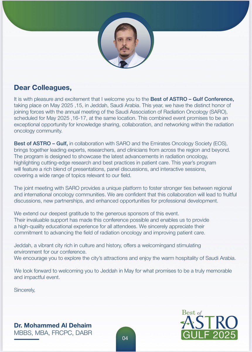 It's here! A huge welcome to all participants of the 2nd Best of ASTRO- Gulf! I'm delighted to declare our event officially underway today, May 15th in Jeddah. Let the knowledge sharing begin! #BestOfASTRO2025 #Research #Oncology #MedTwitter <a href="/SARO_KSA/">SARO</a> <a href="/ASTRO_org/">ASTRO</a> <a href="/Majed_Alghamdi_/">Majed Alghamdi</a>