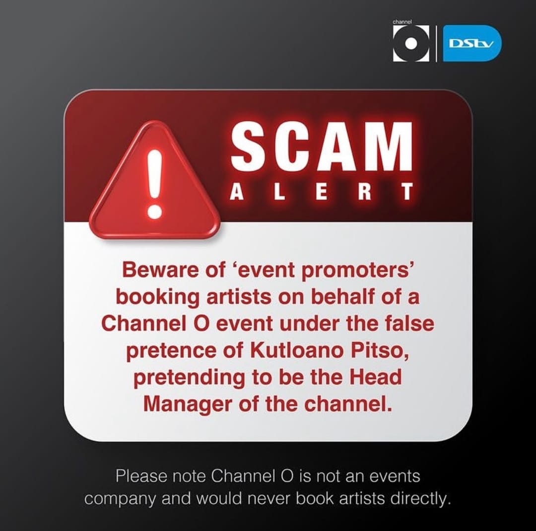 ChannelOTV's tweet image. Scam Alert 🚨: If someone claims to book artists on behalf of Channel O, it’s a scam!!! Channel O is a media platform, not an events company. ⚠️ Don’t fall for fake bookings. 🙏🏽
