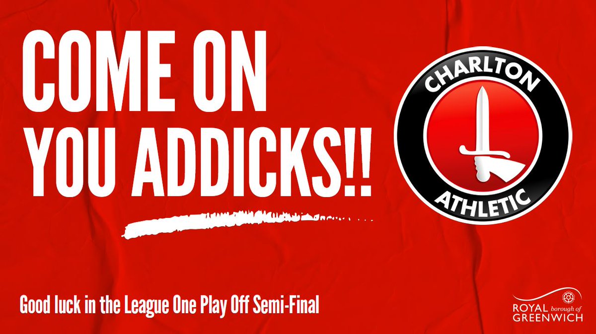 Royal Borough of Greenwich (@royal_greenwich) on Twitter photo Good luck to <a href="/CAFCofficial/">Charlton Athletic FC</a> for the home leg of the League One play-off semi-finals! โฝ
The clubโs ongoing commitment to the community is deeply appreciated by the Council and by residents from across Royal Greenwich. We're all behind you.
Come on you Addicks! ๐
Good luck to <a href="/CAFCofficial/">Charlton Athletic FC</a> for the home leg of the League One play-off semi-finals! โฝ
The clubโs ongoing commitment to the community is deeply appreciated by the Council and by residents from across Royal Greenwich. We're all behind you.
Come on you Addicks! ๐