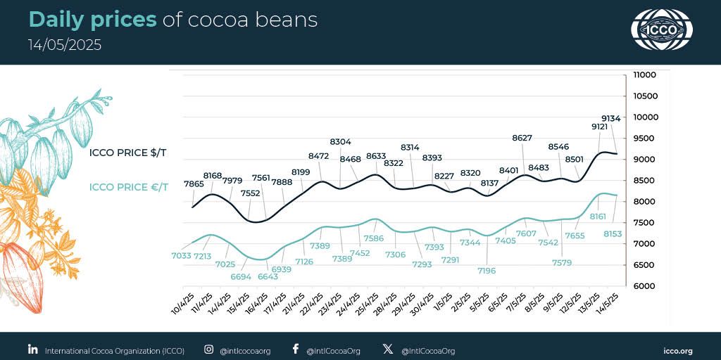 International Cocoa Organization (ICCO) (@intlcocoaorg) on Twitter photo 🔴 14/05/2025 #Cocoa Daily Prices - Prix du jour - Precios diarios - Ежедневные цены
 
💵 ICCO daily price - 9134.47 $/T
💶 ICCO daily price - 8152.97 €/T
 
More #cocoa statistical info in our webpage 🔗 buff.ly/lKFtzFk
#ICCOCocoaHub #ICCOCocoaData #ICCOCocoaKnowledge 🔴 14/05/2025 #Cocoa Daily Prices - Prix du jour - Precios diarios - Ежедневные цены
 
💵 ICCO daily price - 9134.47 $/T
💶 ICCO daily price - 8152.97 €/T
 
More #cocoa statistical info in our webpage 🔗 buff.ly/lKFtzFk
#ICCOCocoaHub #ICCOCocoaData #ICCOCocoaKnowledge