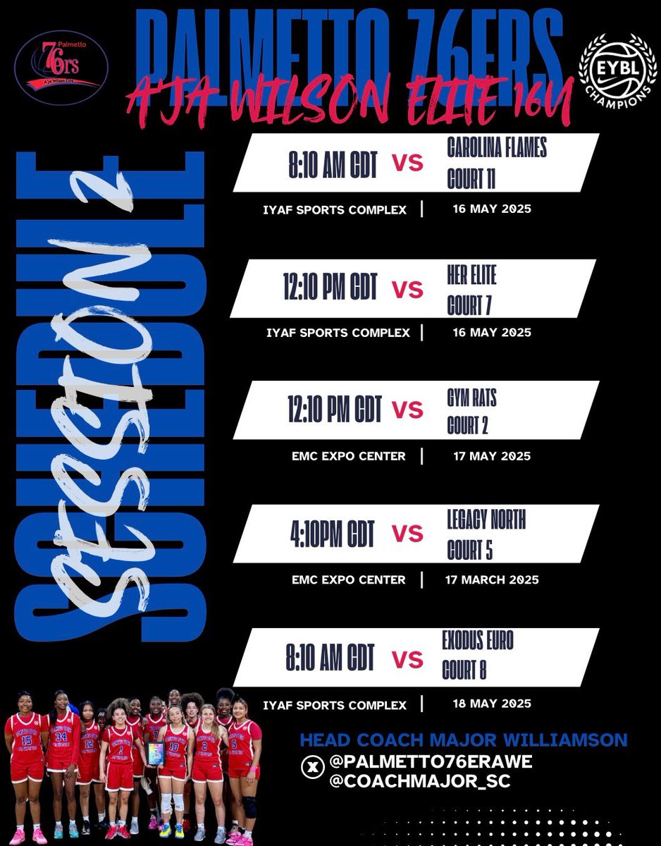 Coach Major (@coachmajor_sc) on Twitter photo Wheels up ๐ซ SC โก๏ธ IA
๐๐๐๐๐๐๐๐๐
<a href="/palmetto76erawe/">Palmetto 76ers/Aja Wilson Elite</a> <a href="/NikeGirlsEYBL/">Nike Girls EYBL</a> X <a href="/nikegirlseycl/">Nike Girls EYBL Champions League</a>
<a href="/a1hoopsreport/">A1 HOOPS REPORT</a> <a href="/LadyPhenomHoops/">Lady Phenom Hoops</a> <a href="/PGH_SCarolina/">Prep Girls Hoops South Carolina</a> <a href="/LouatTheState/">Lou Bezjak</a> Wheels up ๐ซ SC โก๏ธ IA
๐๐๐๐๐๐๐๐๐
<a href="/palmetto76erawe/">Palmetto 76ers/Aja Wilson Elite</a> <a href="/NikeGirlsEYBL/">Nike Girls EYBL</a> X <a href="/nikegirlseycl/">Nike Girls EYBL Champions League</a>
<a href="/a1hoopsreport/">A1 HOOPS REPORT</a> <a href="/LadyPhenomHoops/">Lady Phenom Hoops</a> <a href="/PGH_SCarolina/">Prep Girls Hoops South Carolina</a> <a href="/LouatTheState/">Lou Bezjak</a>