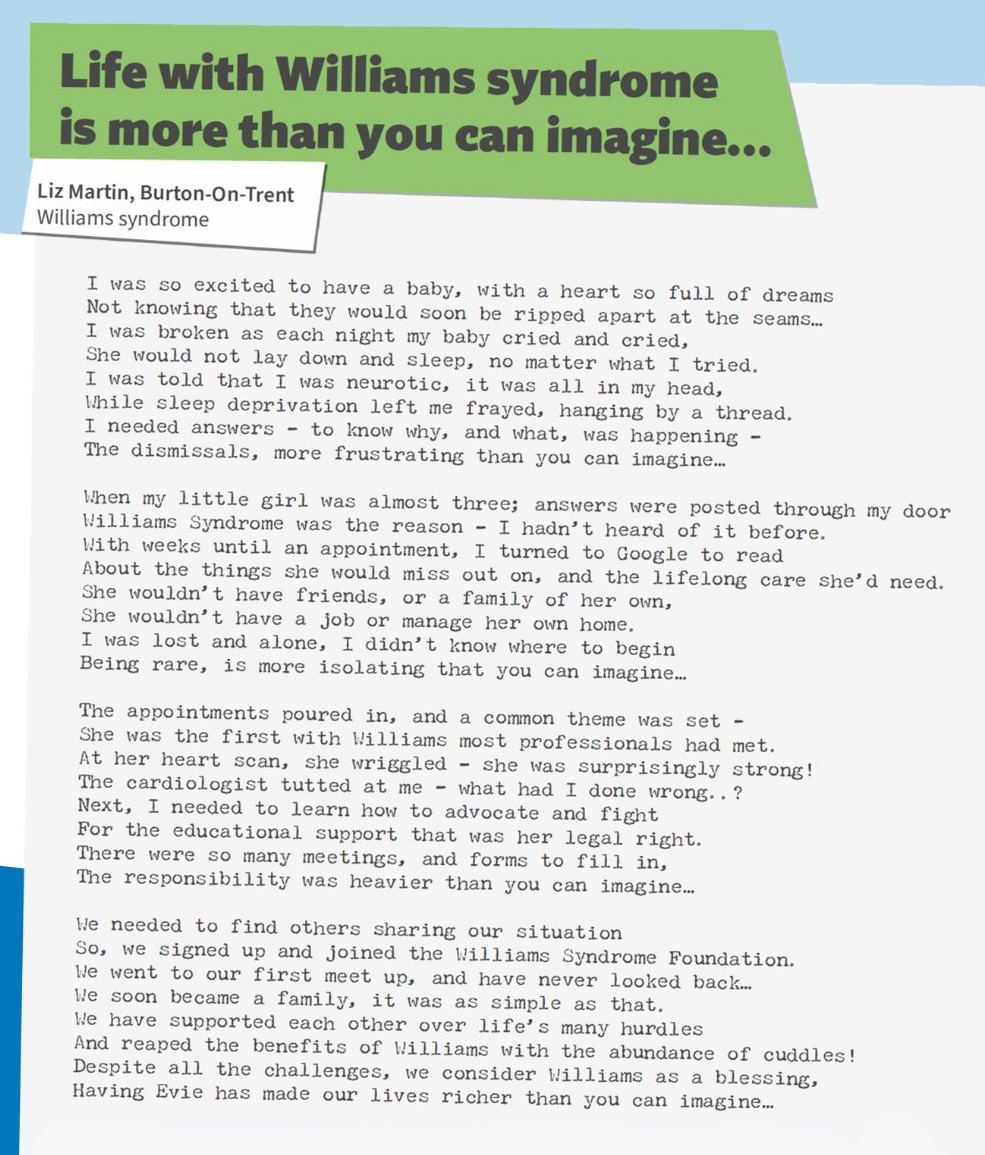 Williams Syndrome UK (@wsf_uk) on Twitter photo Life with Williams Syndrome is more than you can imagine... By Liz Martin – Williams Syndrome <a href="/GeneticAll_UK/">Genetic Alliance UK</a> Life with Williams Syndrome is more than you can imagine... By Liz Martin – Williams Syndrome <a href="/GeneticAll_UK/">Genetic Alliance UK</a>
