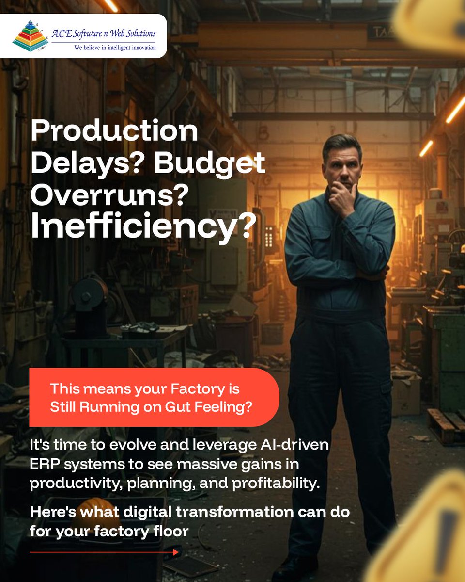 ACESnWS's tweet photo. TRANSFORM YOUR FACTORY WITH AI-POWERED ERP  Stop running your manufacturing units on gut feelings!  Swipe to see the REAL no. behind digital transformation. DM us! #Manufacturing #DigitalTransformation #Industry40 #AI #ERP #SmartFactory #ProductionOptimization #FactoryAutomation https://t.co/wHCD3bGVLy