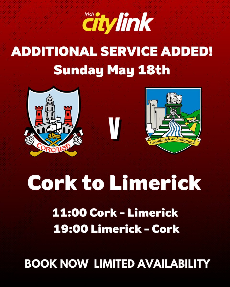 Irish Citylink (@citylinkireland) on Twitter photo 🚨 Extra Service Added! 🚨
Heading to Cork v Limerick this Sunday, May 18th at 16:00?
🚌 11:00 Cork ➡️ Limerick
🚌 19:00 Limerick ➡️ Cork
citylink.ie
<a href="/OfficialCorkGAA/">Cork GAA</a> <a href="/CorkCamogie/">OfficialCorkCamogie</a> <a href="/RedFMNews/">RedFM News</a>
#Citylink #GAA #CorkVLimerick #MatchDayTravel 🚨 Extra Service Added! 🚨
Heading to Cork v Limerick this Sunday, May 18th at 16:00?
🚌 11:00 Cork ➡️ Limerick
🚌 19:00 Limerick ➡️ Cork
citylink.ie
<a href="/OfficialCorkGAA/">Cork GAA</a> <a href="/CorkCamogie/">OfficialCorkCamogie</a> <a href="/RedFMNews/">RedFM News</a>
#Citylink #GAA #CorkVLimerick #MatchDayTravel