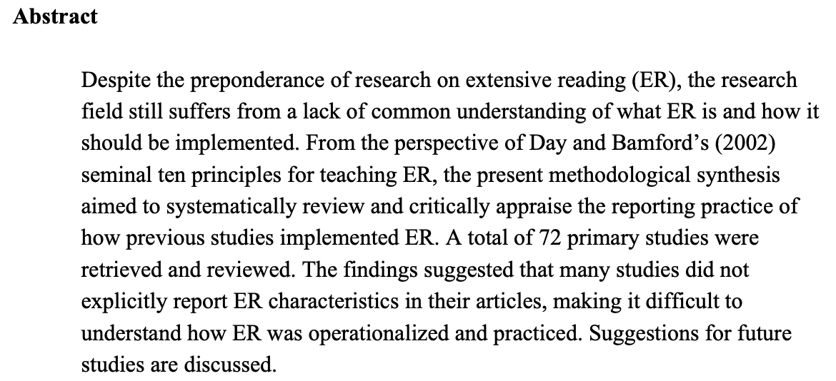 🌸Publication alert🌸
Arai, Y., &amp; Takizawa, K. (2025). Day and Bamford’s (2002) ten principles for teaching extensive reading revisited: A methodological synthesis of research practice. Reading in a Foreign Language hdl.handle.net/10125/67493
Congratulations, <a href="/kotarotakizawa/">K. Takizawa</a> !
