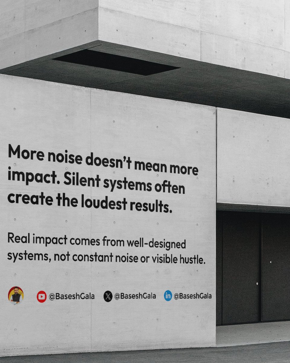 BaseshGala's tweet image. More meetings, more hustle, more noise - it all feels productive.

But true impact is often created quietly behind the scenes by systems that work consistently without the spotlight.

Build silently, let results speak loudly.

#SmartExecution #LeadershipByDesign…