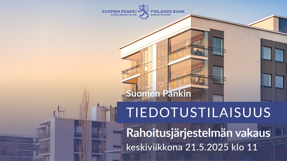 Kutsu medialle: Esittelemme tuoreen rahoitusjärjestelmän vakausarvion tiedotustilaisuudessa keskiviikkona 21.5. klo 11. 

Ilmoittaudu mukaan: suomenpankki.fi/fi/ajankohtais…

#EuroJaTalous