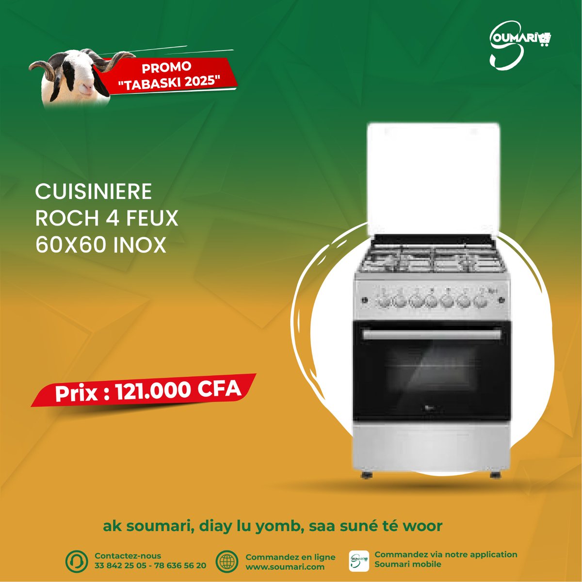 Soumaricom's tweet photo. 🎊 PROMO "TABASKI 2025"  🎊 

Grande promo "TABASKI 2025" sur Soumari ! 🥳🥳🥳
Du 15 mai au 10 juin 2025, profitez de réductions exceptionnelles sur nos différents produits pour préparer la fête plus sereinement.
Profitez de notre cuisinière Roch 4 feux à 121.000 FCFA et du congélateur Snowsea de 190 litres à 95.000 FCFA. 😉

🌐 Commandez vite en ligne sur https://t.co/dzqXvvuHAg 
📲 Ou via notre application mobile Soumari 
📌 Agence Soumari rue Félix Eboué, à côté du rond-point Pompier 
📞 33 842 25 05 ou au 78 636 56 20

Ak Soumari, diay lu yomb saa suné té woor 

#soumari #boutiqueenligne #promotabaski2025 #congelateur #cuisiniere #snowsea #roch