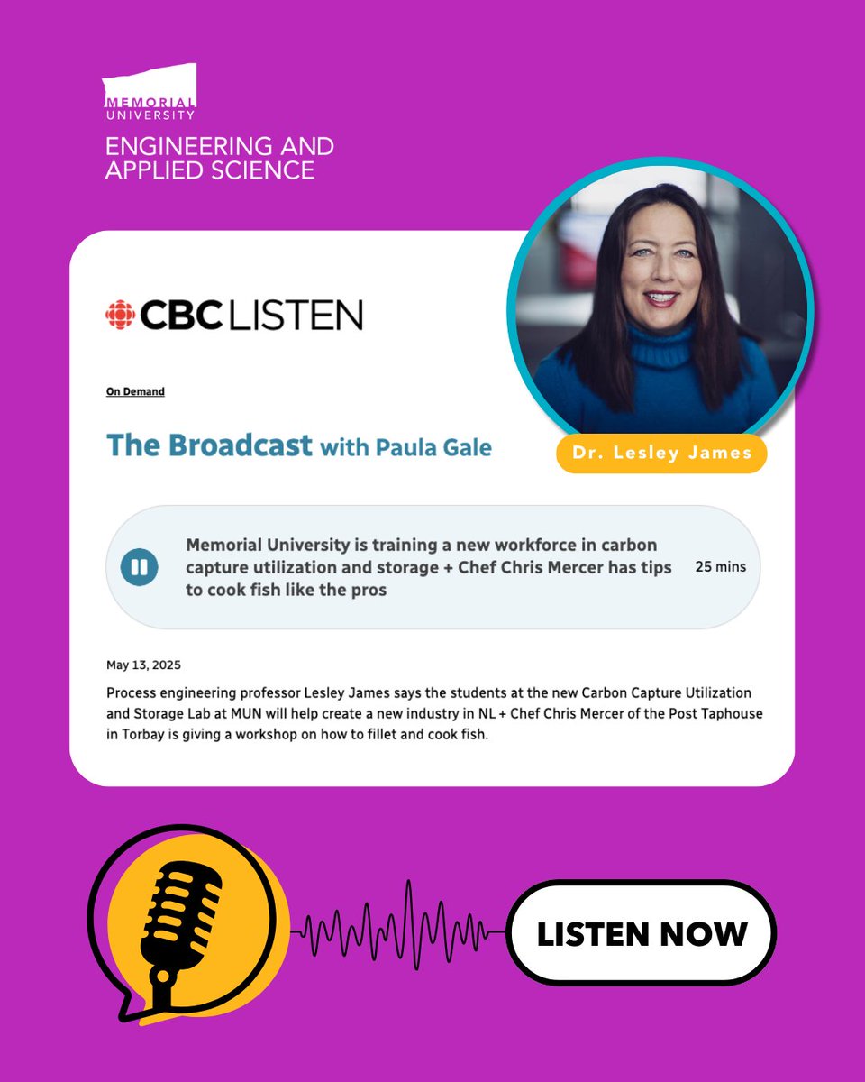 🧪🔬 MUN is training the next generation in carbon capture 

Dr. Lesley James, Professor of Process Engineering, says students at the new CCUS Lab will help build a new industry in NL. 

🎧 Tune in to the interview on The Broadcast with Paula Gale: cbc.ca/listen/live-ra…