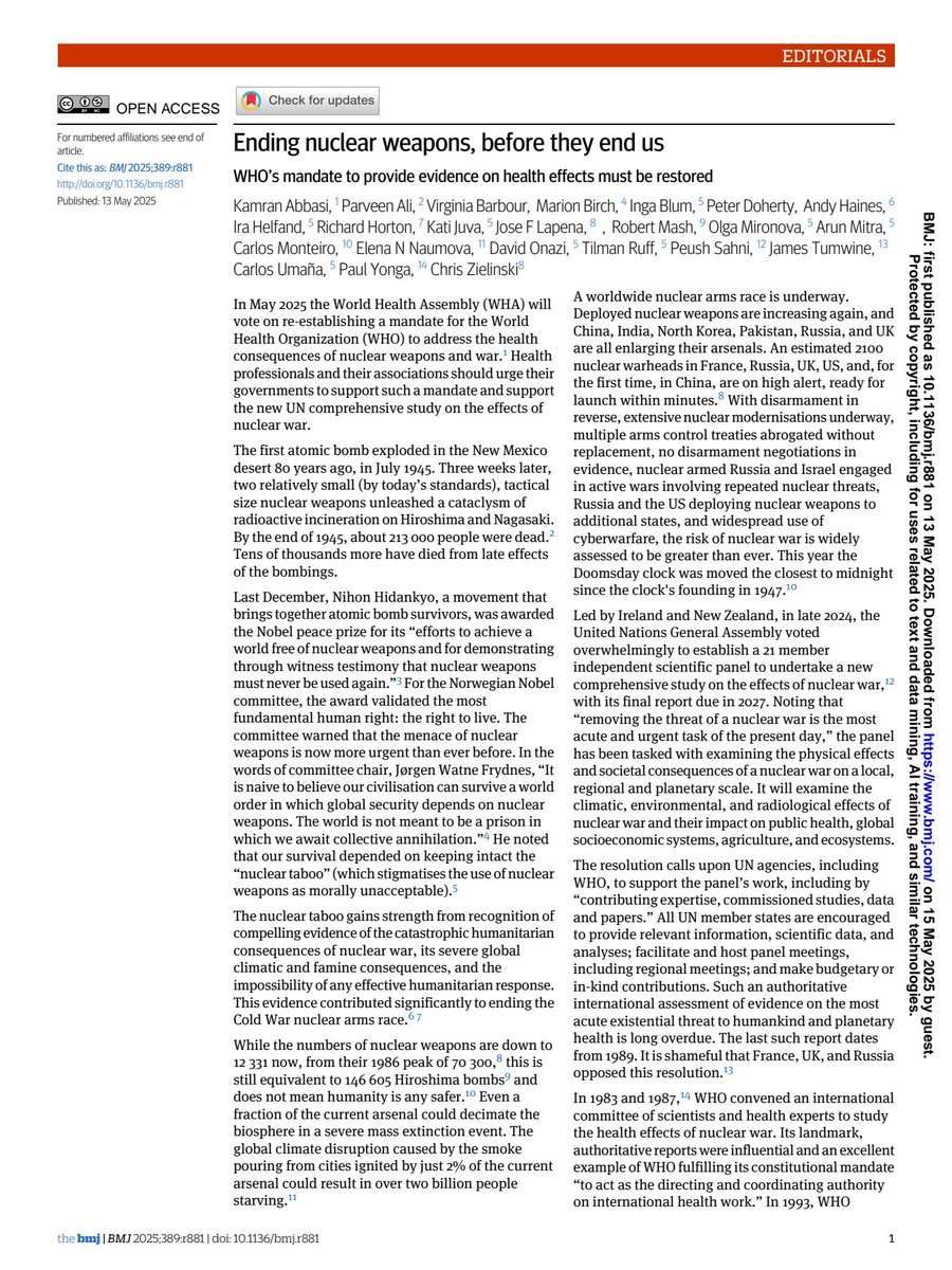 drbimalkhadka's tweet photo. .131 Health &amp; medical journals have issued joint editorial:
Ending nuclear weapons before they end us-@WHO mandate to provide evidence on health effects must be restored. @bmj_latest @IPPNW @MCS_MedactIPPNW 
#ippnw #tpnw #research #peace #nuclearban #planetaryhealth #publichealth https://t.co/3NFVfAuD6Z