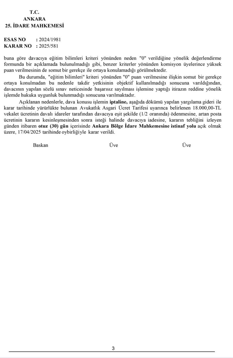 MÜLAKAT MAĞDURİYETİNE ESASTAN İPTAL KARARI

Türk Eğitim-Sen olarak mülakat mağduru adaylara sağlanan hukuki destek sonucu sendikamız avukatlarınca açılan bir davada esastan dava konusu işlemin iptaline karar verilmiştir.

Ankara 25. İdare Mahkemesi’nin 2024/1981 E., 2025/581 K.