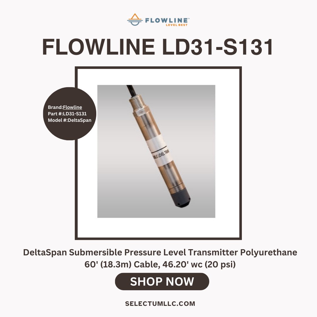 selectumstore's tweet image. Need accurate level monitoring up to 46 ft? The Flowline LD31-S131 delivers with 4-20 mA output, 60&apos; polyurethane cable &amp;amp; 316 SS construction. Ideal for clean water &amp;amp; reservoirs. #LevelSensor #ProcessControl #Flowline