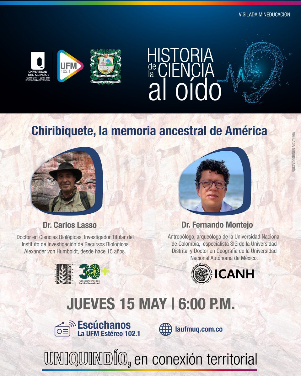 Invitad@s hoy jueves 6 pm por uniquindio.edu.co/emisora/. Gracias <a href="/Uniquindio/">Uniquindío</a> <a href="/acadcienciacol/">AcadColdeCiencias</a> <a href="/El_Icanh/">Instituto Colombiano de Antropología e Historia</a> <a href="/inst_humboldt/">Instituto Humboldt</a> . Chiribiquete y la reconstrucción de la biodiversidad extinta y actual vista a través del arte rupestre…