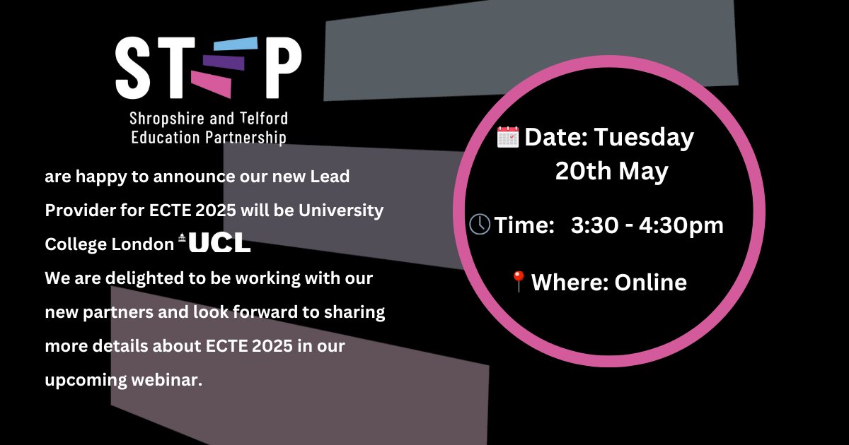 📢 Calling all Headteachers and Induction Tutors
Join our webinar to hear more about our new Lead Provider <a href="/ucl/">UCL</a>  and learn all about ECTE 2025
📅 Tuesday 20th May
⏲️ 3:30 PM – 4:30 PM
📍 Microsoft Teams
Click here for the  link: stepwm2.co.uk/calendar/?cali…
Let’s shape the future 🌟