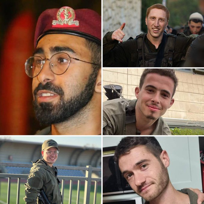 VividProwess's tweet photo. A year ago today, these heroes fell in battle while fighting in Gaza, bravely defending the homeland.

Ilan Cohen (20)
Betzlel David Shashuah (21)
Roy Beit Yaakov (22)
Gilad Arye Boim (22)
Daniel Chemu (20)

May their memories forever be a blessing. https://t.co/Ddl9uXx3T1