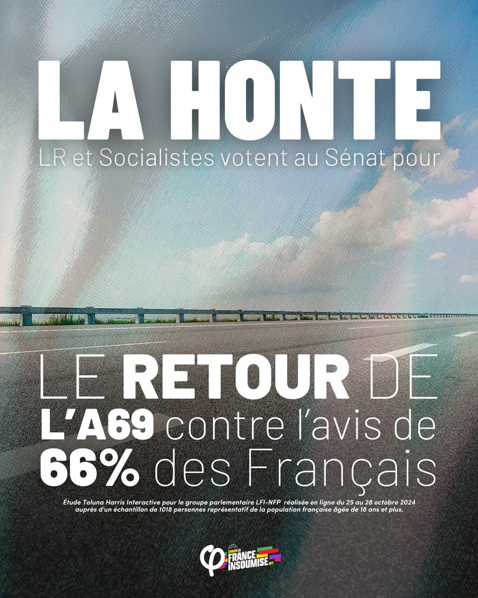 🔴⚡️ Alerte !

Socialistes et LR ont fait adopter la reprise du chantier de l'autoroute A69 au Sénat, pourtant jugée illégale par le tribunal administratif de Toulouse

Cette autoroute des riches est inutile et engendre dégâts écologiques, sociaux et démocratiques.

La honte.