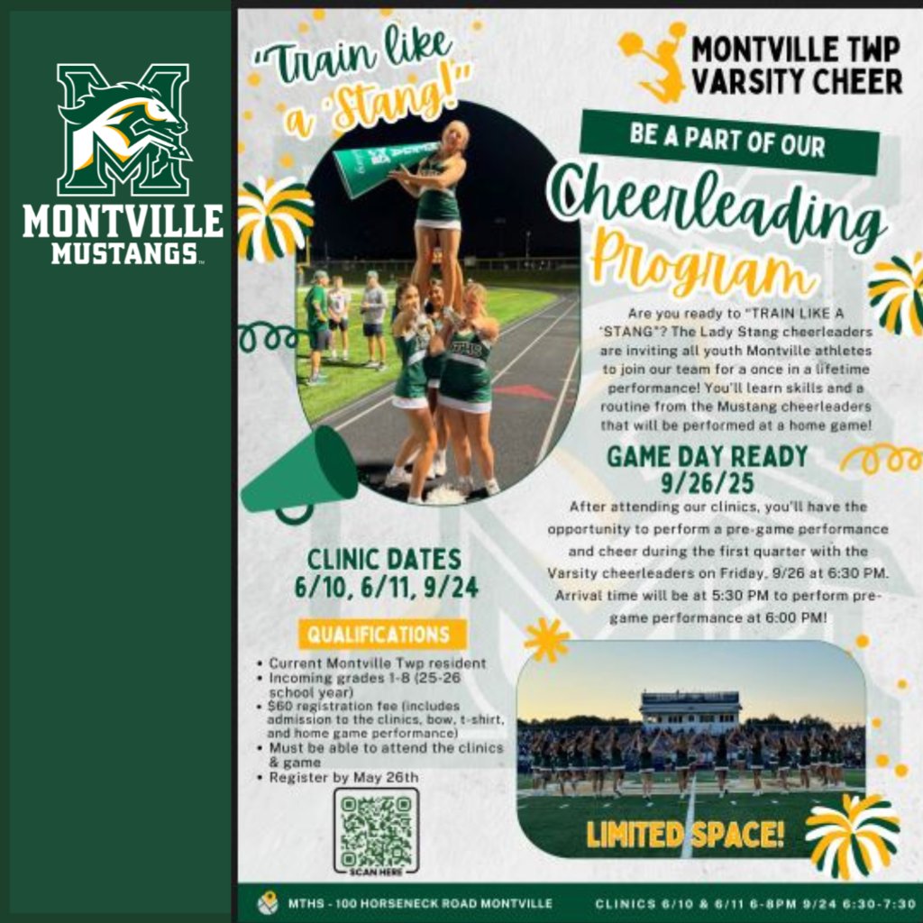 TRAIN LIKE A 'STANG! Be a part of the #MTHS Cheerleading Program. For grades 1-8 ('25-'26 school year), DATES: June 10 &amp; 11 and Sept. 24! $60 (includes: clinics, bow, t-shirt,
&amp; home game performance) REGISTER by May 26. INFO &amp; REGISTRATION: forms.gle/bM2Rg35hAUYY4Q…