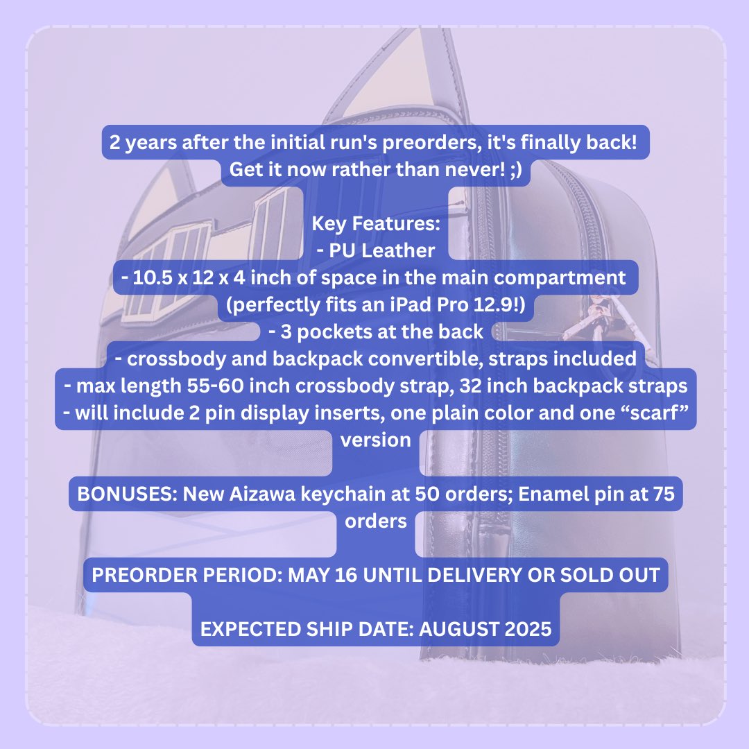 Aizawa itabag rerun will be available for PO/Reserve starting May 16, 6pm EST

Early bird (first 25) - $60
Standard - $70

(This is a guaranteed production 🫡 )