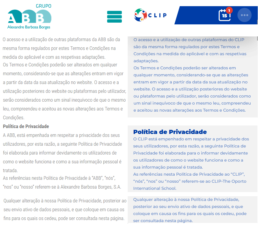 A ABB é ou foi cliente da Spinumviva ou do antigo escritório de advogados de Montenegro? 
O texto da Política de Privacidade do Colégio CLIP (cliente da Spinumviva) é o texto da Política de Privacidade da ABB. Não há outras entidades com textos tão semelhantes.
Convém relembrar