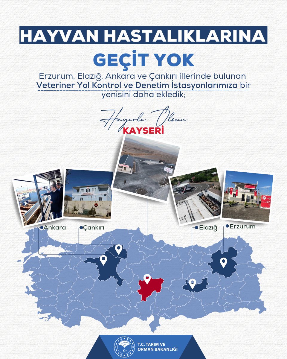 TCTarim's tweet photo. 💪 Hayvancılık yol haritamız doğrultusunda önemli bir adımı daha atıyoruz.

🐄🚛 Veteriner Yol Kontrol ve Denetim İstasyonlarımız ile hayvan hareketlerin izliyor, bulaşıcı hastalık risklerini azaltıyor, gıda güvenilirliğini sağlıyoruz.

📍 5’inci Veteriner Yol Kontrol ve Denetim İstasyonumuzu Kayseri’de hizmete alıyoruz.