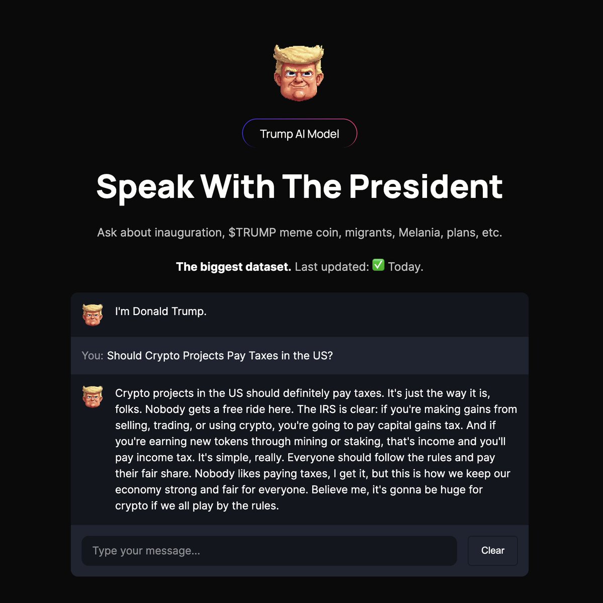 TrumpAIModel's tweet image. Question: Should Crypto Projects Pay Taxes in the US?

👑 The most tremendous AI – TRUMPai! 🚀trump-ai.site

#MakeAIGreatAgain #USA #ChatWithTrump #AIChat #TrumpBot #MAGA #TrumpSpeech #TryTRUMPai #BestAI #GPT #TRUMPai #PresidentialAI #AI #TRUMP #Trump