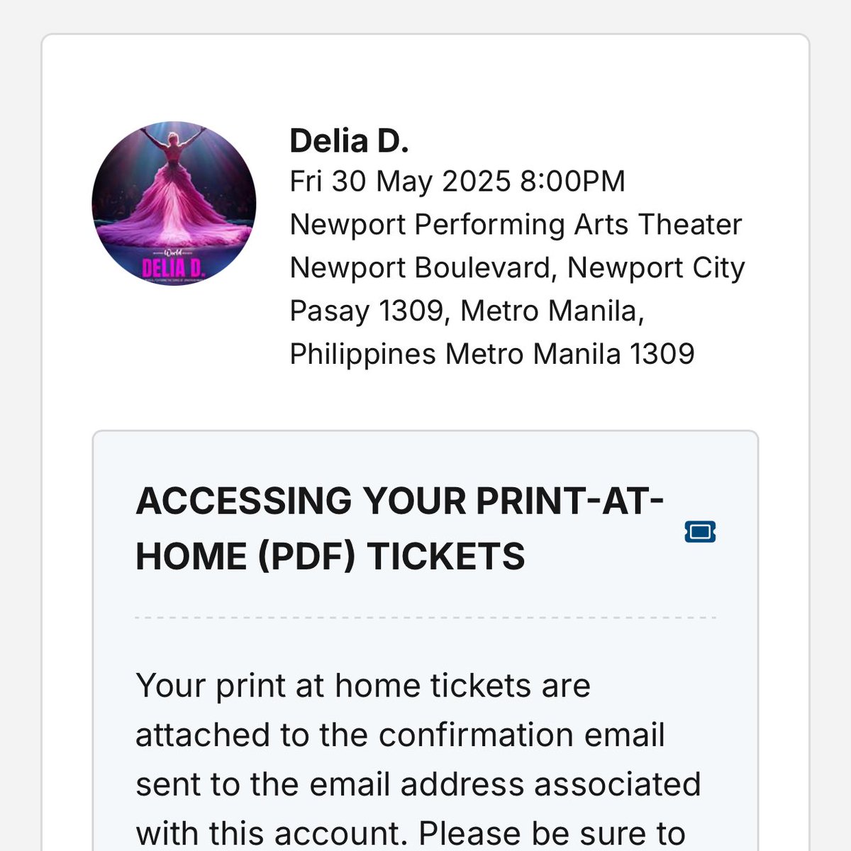 watermelaa's tweet photo. Hello! I’m selling my 1 Delia D tix, May 30, 2025. #DeliaD @nwresorts @phipalmos  will buy another with a different date huhu thanks https://t.co/iOm1yRTPMZ