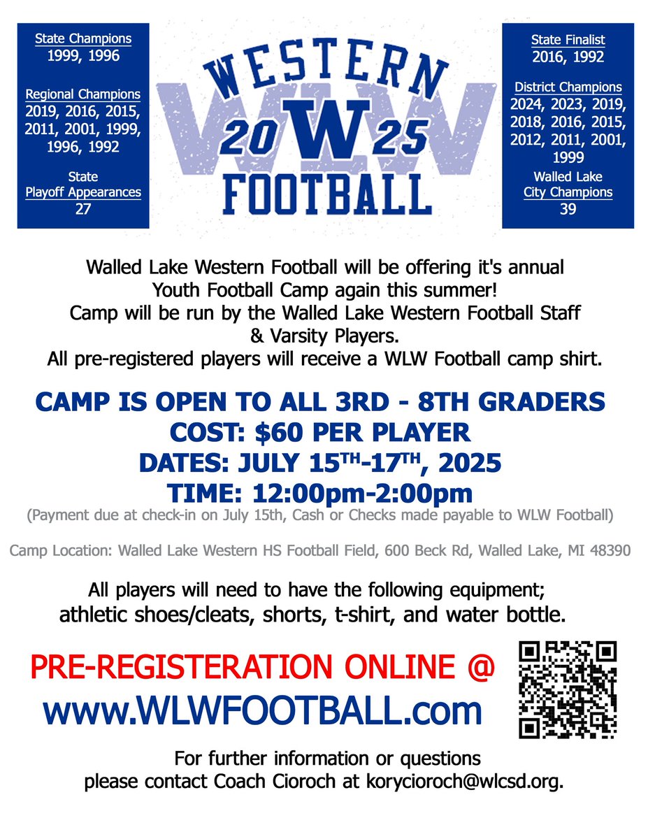 WLW Football (@wlwestern_fb) on Twitter photo Our youth camp is just around the corner. Sign up at wlwfootball.com or reach out to head coach <a href="/coachcioroch/">Coach Cioroch</a> with questions Our youth camp is just around the corner. Sign up at wlwfootball.com or reach out to head coach <a href="/coachcioroch/">Coach Cioroch</a> with questions