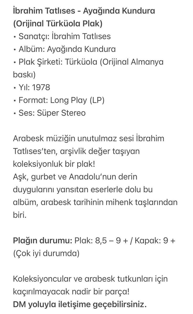 İbrahim Tatlıses - Ayağında Kundura (Orijinal Türküola Plak).

#İbrahimTatlıses #AyağındaKundura #Türküola #PlakSatışı #Arabesk #VintagePlak #Koleksiyonluk #LP