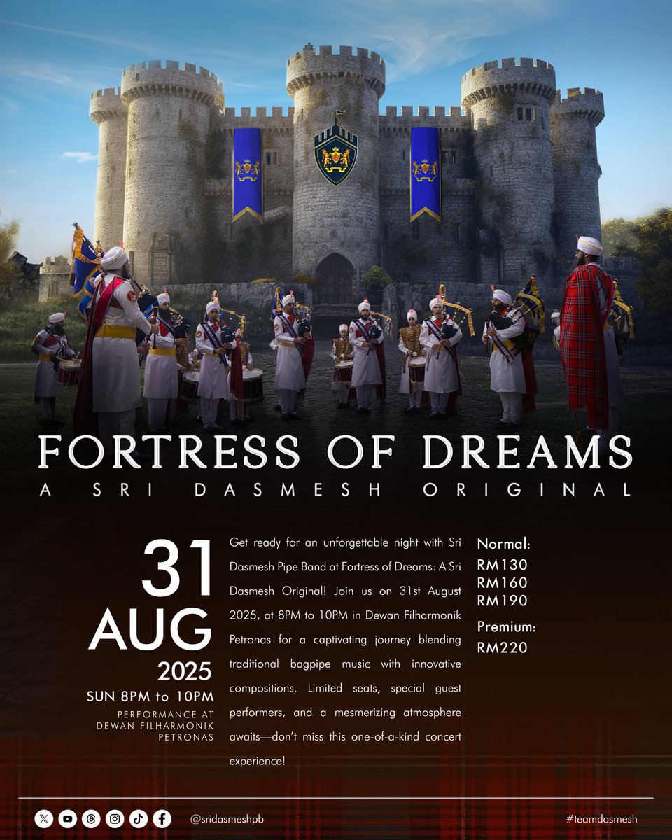 sridasmeshpb's tweet photo. Catch it live at The Fortress of Dreams on 31 August 2025 at Dewan Filharmonik Petronas from 8pm to 10pm.
Tickets at https://t.co/jC9x5NcxZE or the link in bio ✨

#TeamDasmsh #FortressofDreams https://t.co/4ZZ0P9BSaI