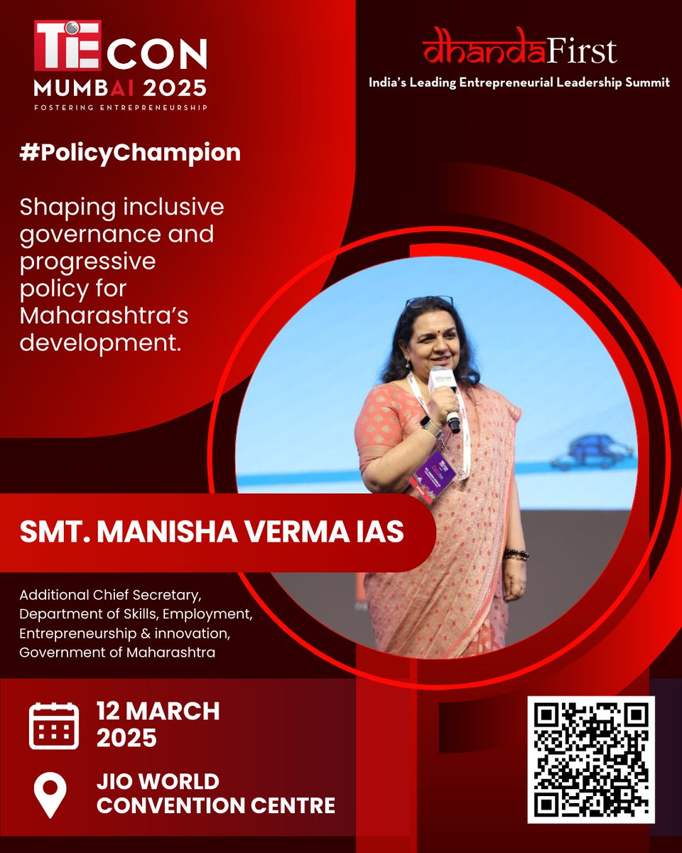 A heartfelt thank you to Smt. Manisha Verma, Additional Chief Secretary, Government of Maharashtra, for inspiring the TiEcon Mumbai 2025: DhandaFirst audience with her commitment to inclusive governance and progressive policy. <a href="/anandyogini/">Manisha Verma</a> 

Her leadership continues to drive