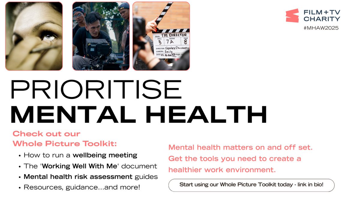 Mental health should be a priority on every set, in every office, and across our industry. 💙✨ 

Our Whole Picture Toolkit is here to help you take action with resources like: 
💡 Tips for wellbeing meetings 
📄 Mental health risk assessments 
✅ Training plans …and more!

Make