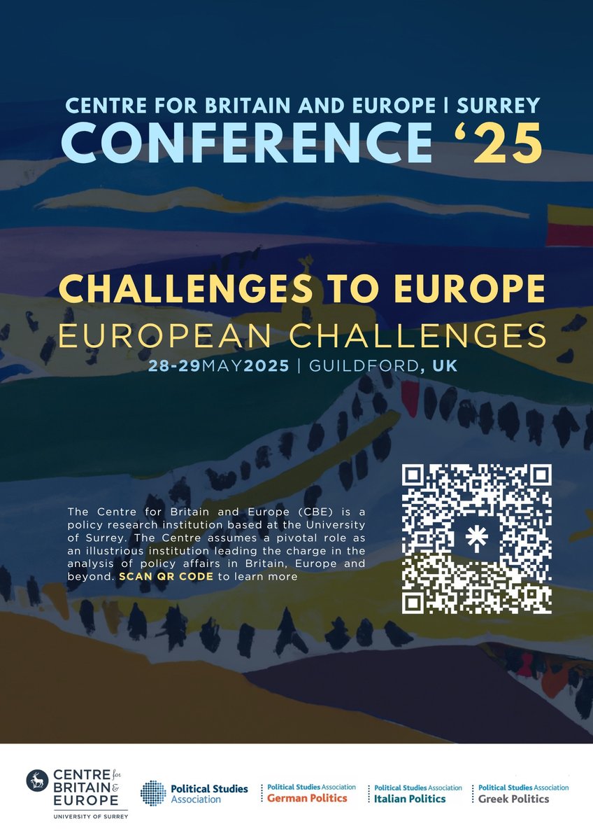 Daniele Albertazzi (@dralbertazziuk) on Twitter photo Just over 2 weeks until our Challenges to Europe Conference!🌍 We’re lucky to be joined by many experts in European politics, thanks to a collaboration btw <a href="/SurreyCbe/">Centre for Britain and Europe (CBE)</a>, <a href="/PSAGermany/">PSAGermany</a>, <a href="/PSA_IPSG/">PSA Italian Politics</a>, & <a href="/PolStudiesAssoc/">Political Studies Association</a>.
Get your free ticket for 28-29 May here: lnkd.in/ewVcZWeE Just over 2 weeks until our Challenges to Europe Conference!🌍 We’re lucky to be joined by many experts in European politics, thanks to a collaboration btw <a href="/SurreyCbe/">Centre for Britain and Europe (CBE)</a>, <a href="/PSAGermany/">PSAGermany</a>, <a href="/PSA_IPSG/">PSA Italian Politics</a>, & <a href="/PolStudiesAssoc/">Political Studies Association</a>.
Get your free ticket for 28-29 May here: lnkd.in/ewVcZWeE