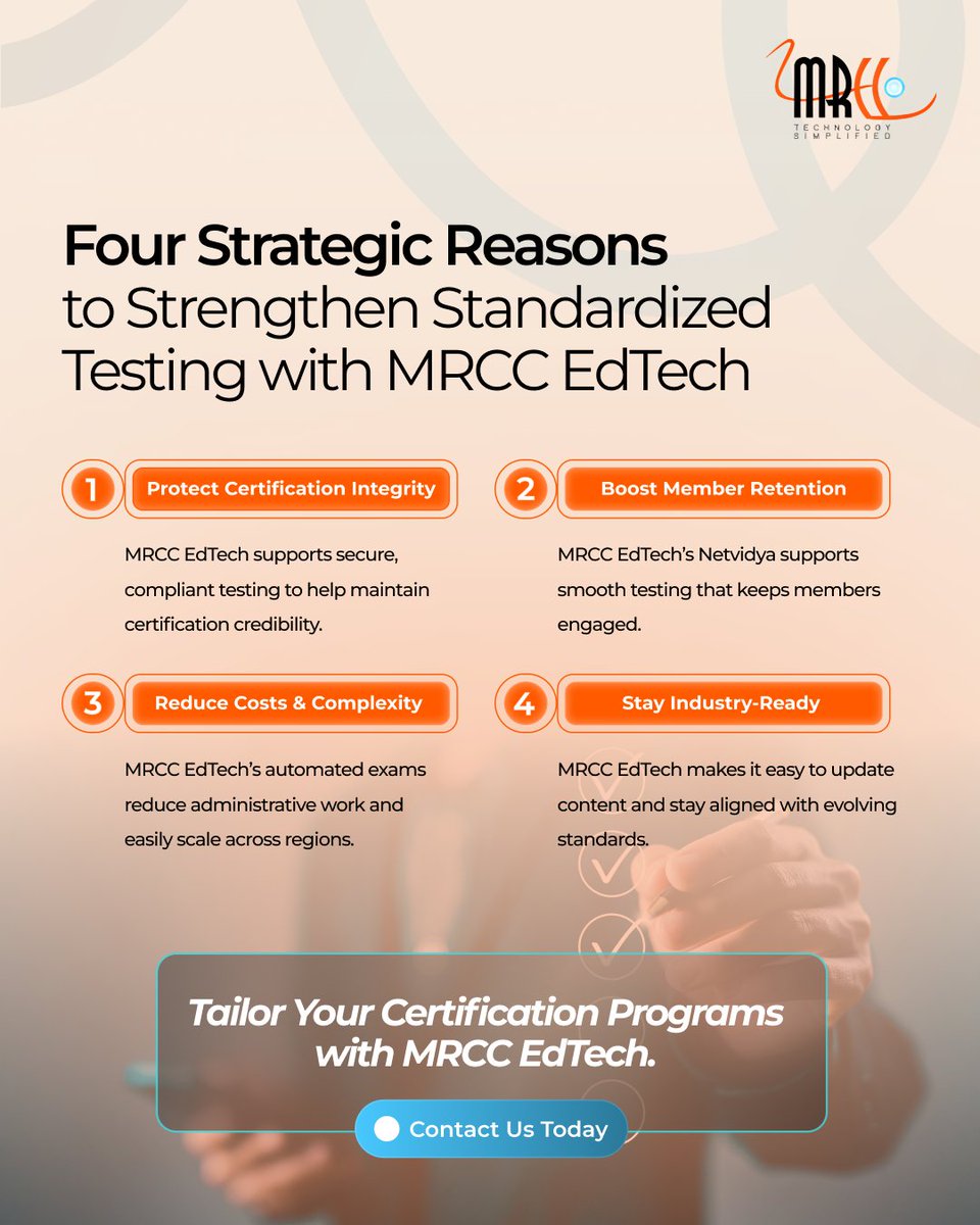 mrccsolutions's tweet image. Modernizing your certification process is a strategic move for the future. MRCC EdTech provides #professionalassociations with cutting-edge solutions that streamline testing, boost member satisfaction, and protect the integrity of your certifications.
Contact our experts today.