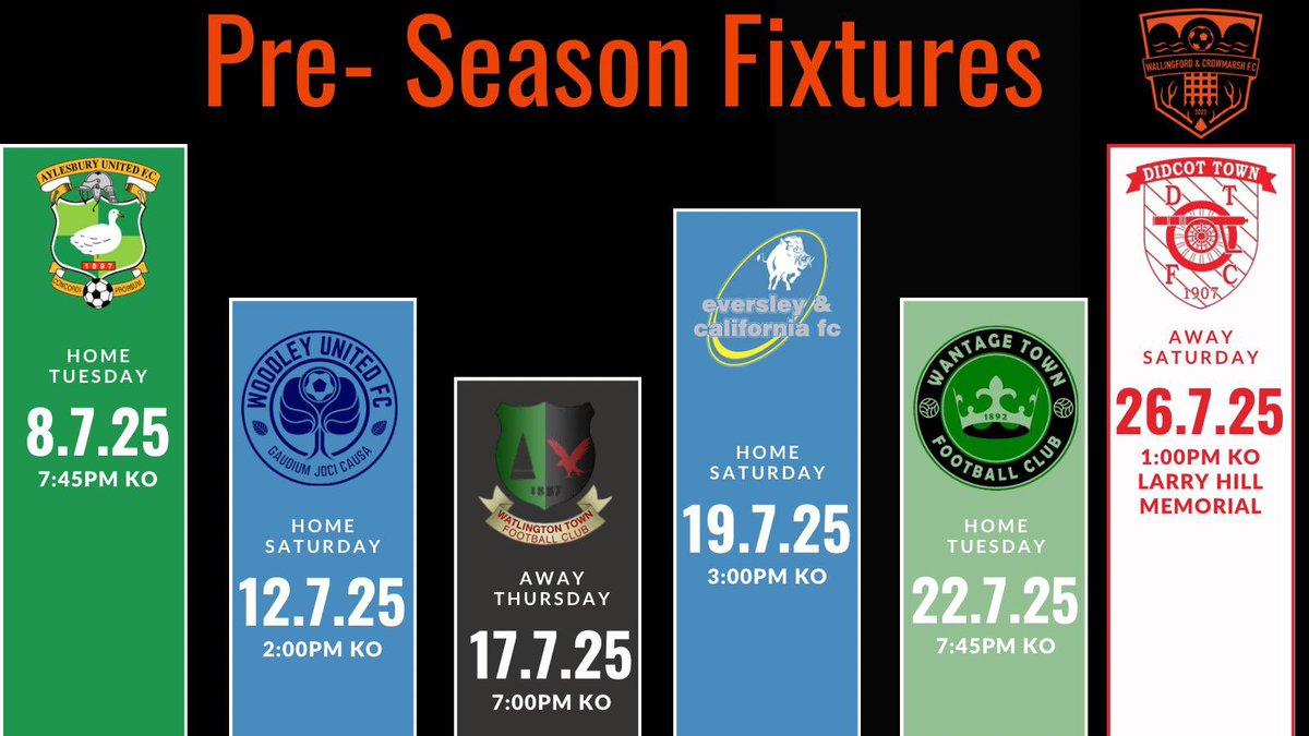 Wallingford and Crowmarsh FC (@wandcfc) on Twitter photo Our pre-season fixtures are confirmed, and we’re really excited to get the new season kicked off.
8/7 vs <a href="/AylesburyUtdFC/">Aylesbury United FC</a> 19:45
12/7 vs <a href="/WoodleyUtdFC/">Woodley United FC</a> 14:00
17/7 vs <a href="/watlingtontown/">Watlington Town FC</a> 19:00
19/7 vs <a href="/EversleyCaliFC/">Eversley & California FC 🐗</a> 15:00
22/7 vs <a href="/WantageTownFC/">Wantage Town FC</a> 19:45
26/7 vs <a href="/DidcotTownFC/">Didcot Town Football Club</a> 13:00 Our pre-season fixtures are confirmed, and we’re really excited to get the new season kicked off.
8/7 vs <a href="/AylesburyUtdFC/">Aylesbury United FC</a> 19:45
12/7 vs <a href="/WoodleyUtdFC/">Woodley United FC</a> 14:00
17/7 vs <a href="/watlingtontown/">Watlington Town FC</a> 19:00
19/7 vs <a href="/EversleyCaliFC/">Eversley & California FC 🐗</a> 15:00
22/7 vs <a href="/WantageTownFC/">Wantage Town FC</a> 19:45
26/7 vs <a href="/DidcotTownFC/">Didcot Town Football Club</a> 13:00