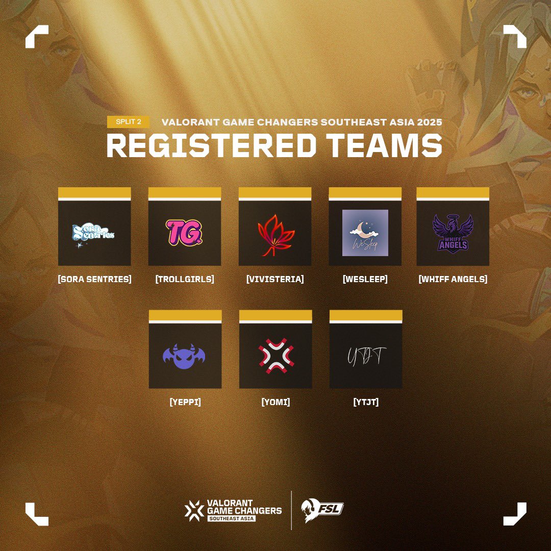 The road to Game Changers Pacific begins here. 🔥

Presenting the official contenders for Split 2 of #GameChangers Southeast Asia 2025.

#GameChangersSEA2025 #VALORANT