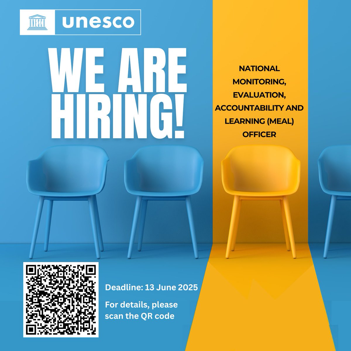 UnescoPakistan's tweet image. UNESCO is seeking a National Monitoring, Evaluation, Accountability & Learning Officer to lead & refine our MEAL strategies. Please scan the QR Code or visit shorturl.at/EKxYK for details
𝐋𝐨𝐜𝐚𝐭𝐢𝐨𝐧: Islamabad, Pakistan
𝐃𝐞𝐚𝐝𝐥𝐢𝐧𝐞: 13 June 2025 (11.59 pm PST)