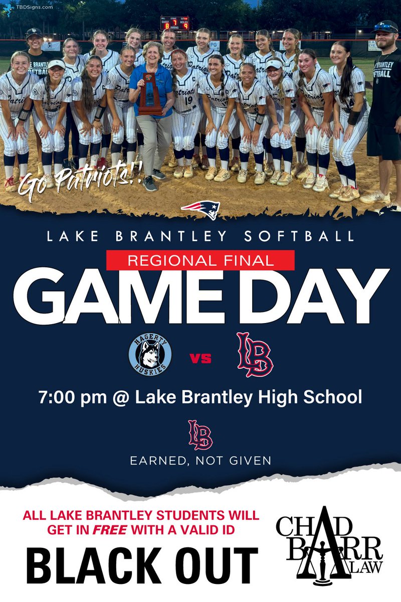 Lake Brantley Softball (@lakebrantleysb) on Twitter photo See you tonight! LB students get in FREE w/ a valid ID, thanks to <a href="/AttyChadBarr/">Chad Barr Law</a>! Wear black & pack the stands. #GoPatriots #EarnedNotGiven <a href="/LakeBrantleyAD/">Eric Entrekin</a>
📅 Today | May 15
🏆 Regional Final
🆚 Hagerty
🕖 7:00PM
📍 Brantley South Softball Complex
🎟 gofan.co/event/3620058 See you tonight! LB students get in FREE w/ a valid ID, thanks to <a href="/AttyChadBarr/">Chad Barr Law</a>! Wear black & pack the stands. #GoPatriots #EarnedNotGiven <a href="/LakeBrantleyAD/">Eric Entrekin</a>
📅 Today | May 15
🏆 Regional Final
🆚 Hagerty
🕖 7:00PM
📍 Brantley South Softball Complex
🎟 gofan.co/event/3620058