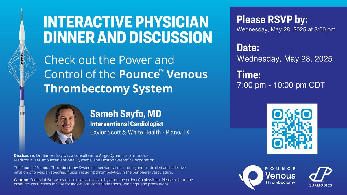 Surmodics, Inc. (@surmodics) on Twitter photo Attending #NCVH2025? Join us on May 28, 2025 at 7:00 pm CDT to learn more about the power and control of the Pounce⢠Venous #Thrombectomy System from leading interventionalist <a href="/Samsayfo/">Sameh Sayfo, MD, MBA, FSCAI, FACC</a>. RSVP now! Space is limited. hubs.ly/Q03mD2SZ0
Rx only. #CLOTCHA #VENOUS Attending #NCVH2025? Join us on May 28, 2025 at 7:00 pm CDT to learn more about the power and control of the Pounce⢠Venous #Thrombectomy System from leading interventionalist <a href="/Samsayfo/">Sameh Sayfo, MD, MBA, FSCAI, FACC</a>. RSVP now! Space is limited. hubs.ly/Q03mD2SZ0
Rx only. #CLOTCHA #VENOUS