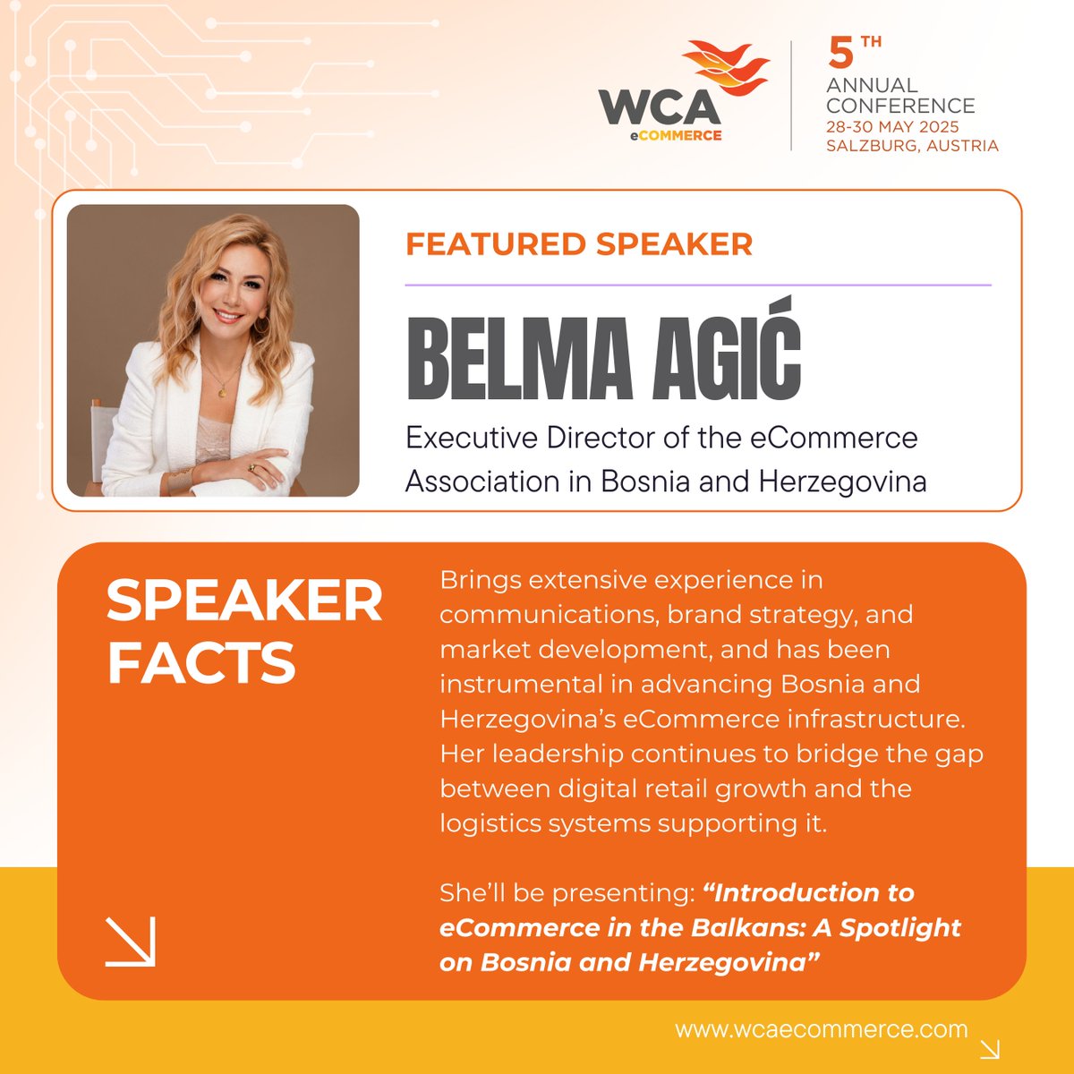 We’re excited to welcome Belma Agić, Executive Director of the eCommerce Association of Bosnia and Herzegovina, as a featured speaker at the 5th WCA eCommerce Conference. Don’t miss her session: “Introduction to eCommerce in the Balkans.” Register: ow.ly/vAWB50VQEqQ
