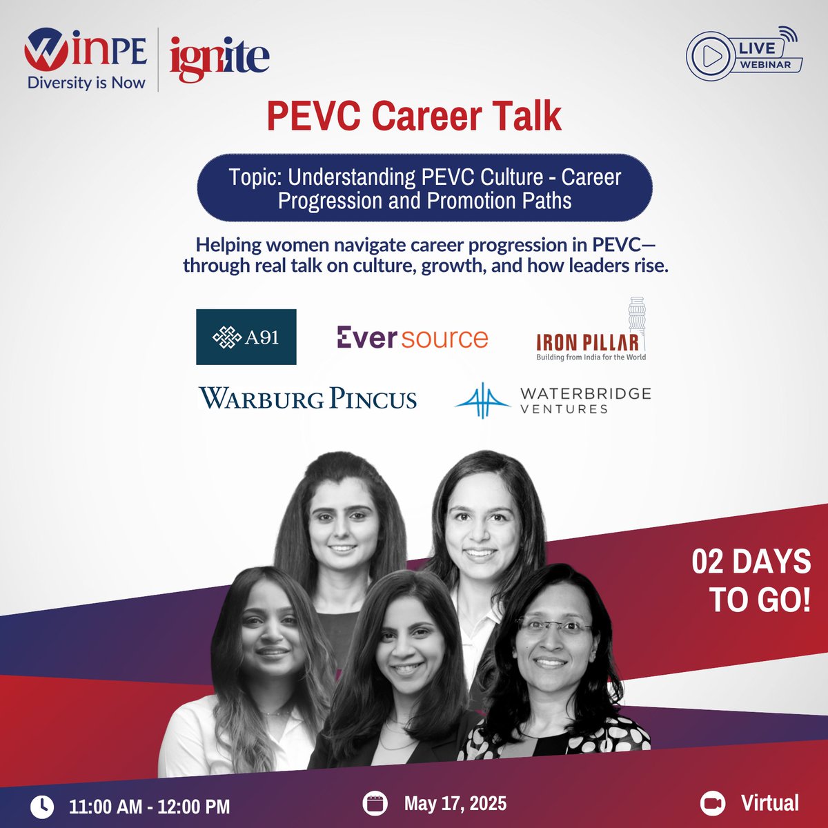 ⏳ 2 days to go!

A clearer path to career growth in PEVC is just one session away.

🗓️ May 17 | ⏰ 11 AM | 💻 Zoom

Register Now! rebrand.ly/xsfxmyo

#WinpeIgnite #careergrowth #privateequity #venturecapital #webinar #Winpe