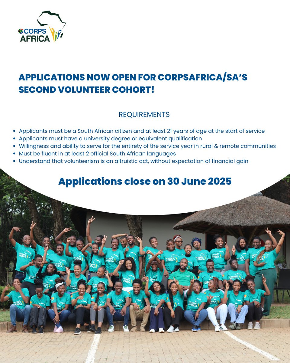 CorpsAfricaSA's tweet photo. Applications for CorpsAfrica/SA’s 2nd Volunteer cohort are OPEN!
It's time for you to make a meaningful difference.
Learn more about CorpsAfrica and apply now using this link https://t.co/TkmuQ4fElR  
 #CorpsAfrica #VolunteerAfrica #YouthLeadership https://t.co/nRIUuaIBiQ