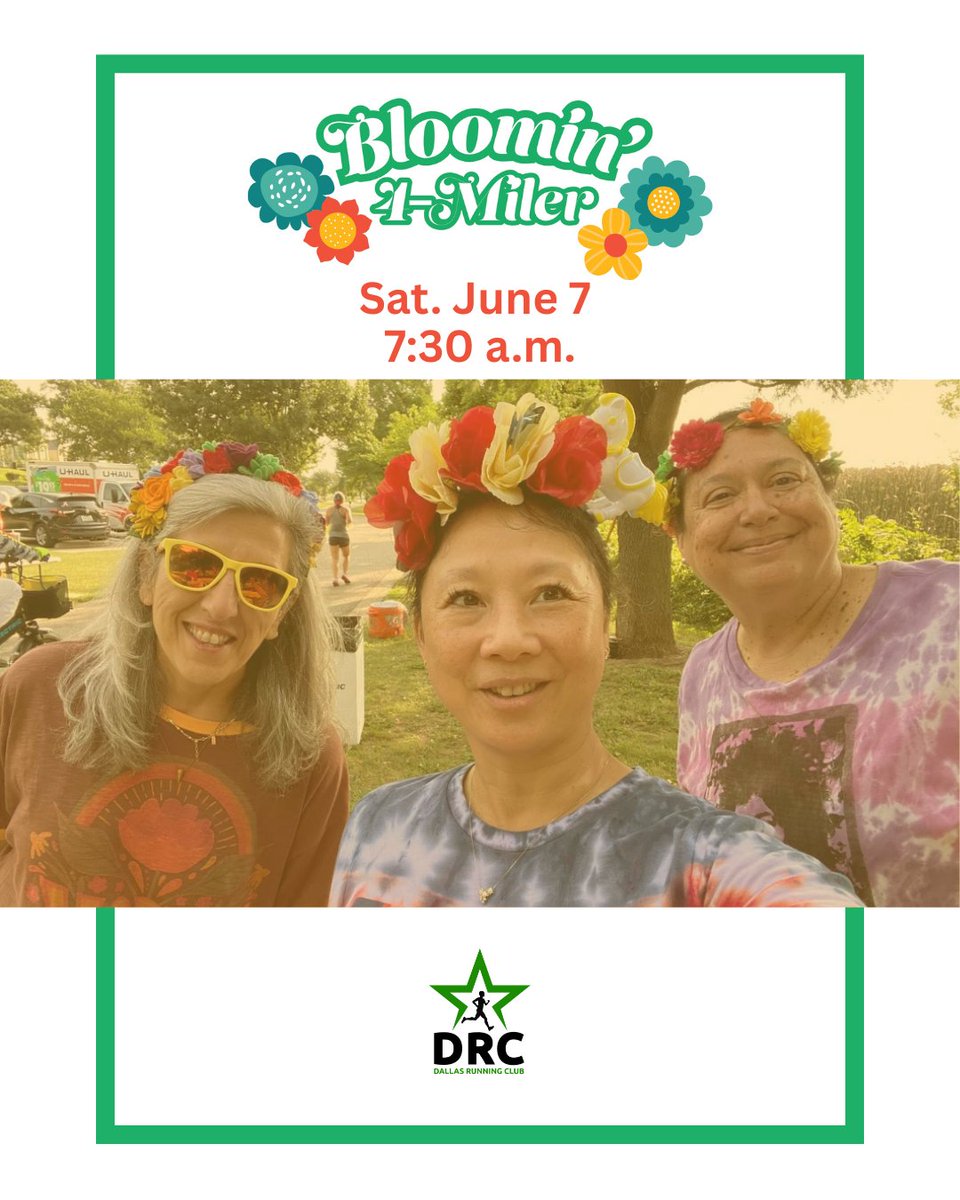 🌞 Join us for DRC's Bloomin' 4 Mile race!🌸🌼🌷

📆 Sat. June 7 at 7:30a.m.
🏁 Flag Pole Hill | 8100 Doran Circle, Dallas, TX 75238

Register today: ow.ly/RuFv50VSWeq

#drc #bloomin4miles #race #dallas #flagpolehill
