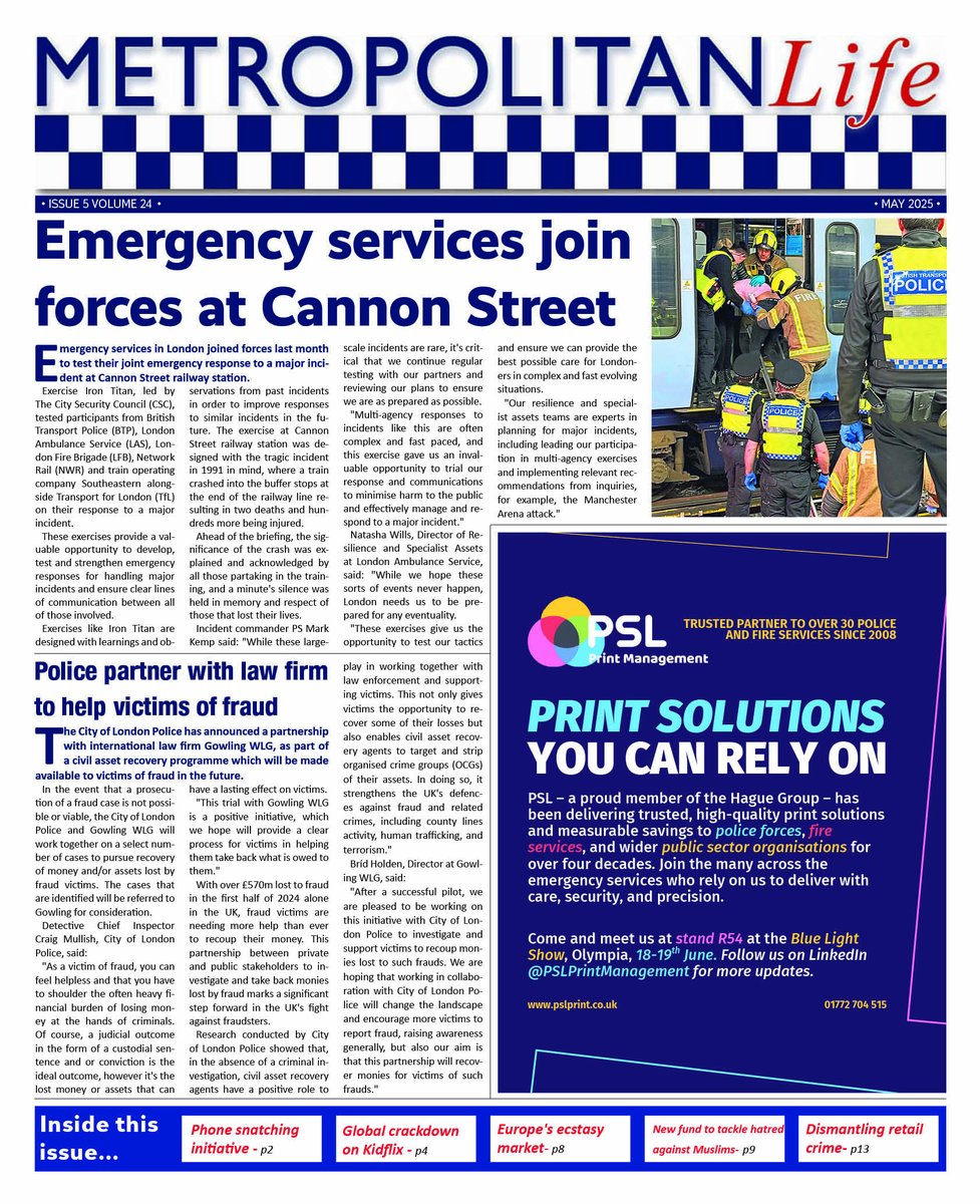 Metropolitan Life: Latest Issue Awaits bit.ly/METLife-May25 inside inside this issue...
HMICFRS report shows policing is broken, <a href="/BTP/">British Transport Police</a>  Taskforce smashes fifty County Lines, <a href="/Europol/">Europol</a> Global crackdown on Kidflix, Victims see offenders held to account, Europe's ecstasy market