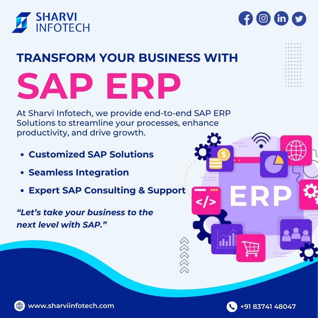 SharviInfotech's tweet photo. Sharvi Infotech – Empowering businesses with SAP ERP solutions.
Streamline your processes, improve efficiency, and drive growth.
#SAPERP #BusinessSolutions #SharviInfotech #Efficiency https://t.co/R5xc68ur4i