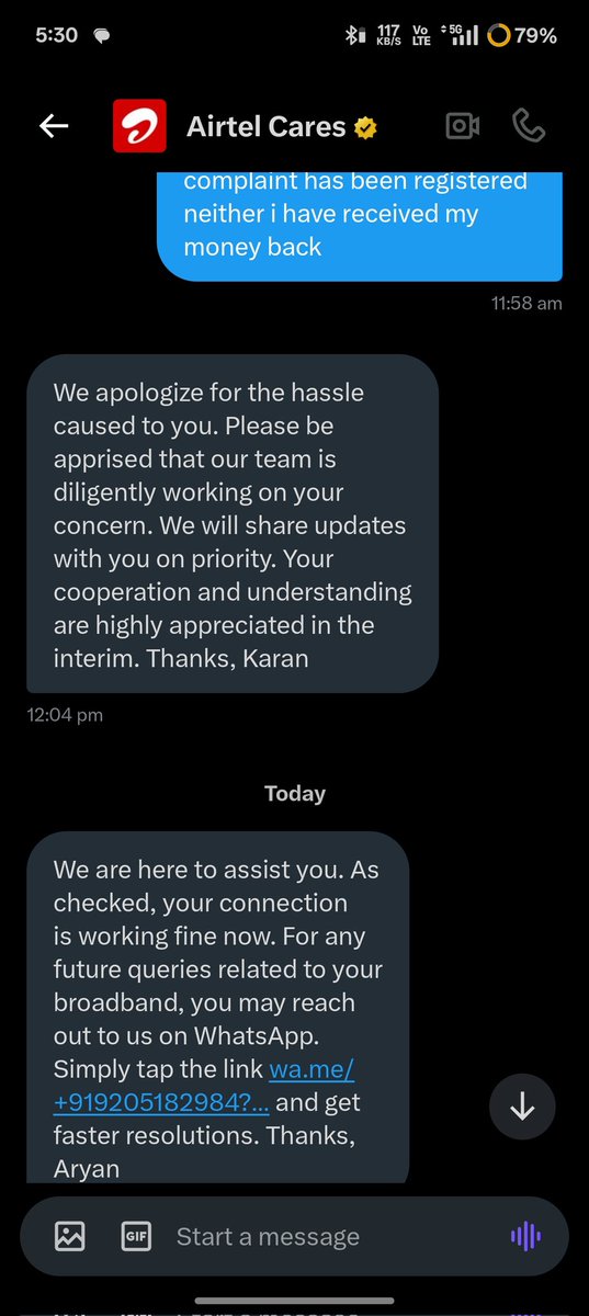 Jagmeetya's tweet photo. Airte is getting worse day by day It's been more than 10 days i have texted them to resolve a small issue and refund the amount I don't even have a connection and after 10 days they are texting me this !!!!! @Airtel_Presence @airtelindia see the call assistance @ABPNews @ZeeNews https://t.co/6JvDkRGKNs