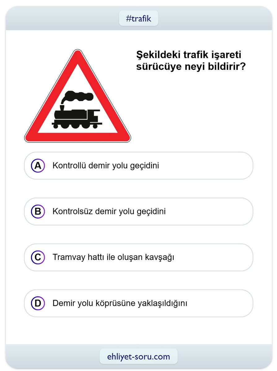 ehliyet_sorucom's tweet photo. 🚂🚦🚗🚧
🔗 https://t.co/1m6dy8prOA
#ehliyetsınavı #ehliyetsorulari #ehliyetsinavsoruları #otomobil #trafik #meb #ehliyet #sürücüadayı #esinav #sınav #sürücükursu #trafik #trafikbilgisi #motorbilgisi #ilkyardım #trafikadabı https://t.co/5rXOV8Vnhn