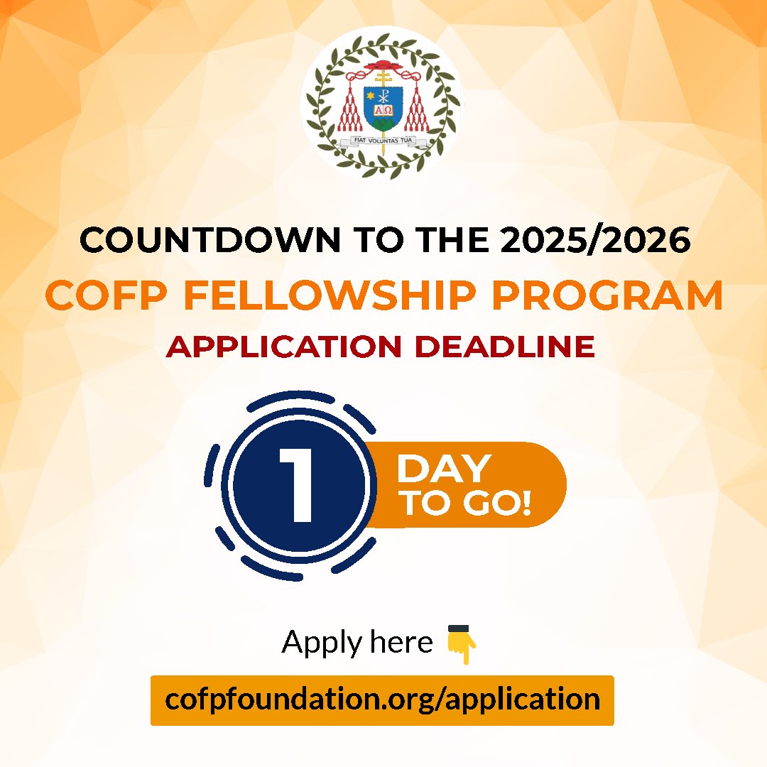 1 Day to Go!
The journey to becoming a leader in peacebuilding starts now. Applications for the Cardinal Onaiyekan Foundation for Peace Fellowship Program 2025/2026 close in 1 day. 

Don't miss this opportunity to be equipped for transformational leadership rooted in dialogue,