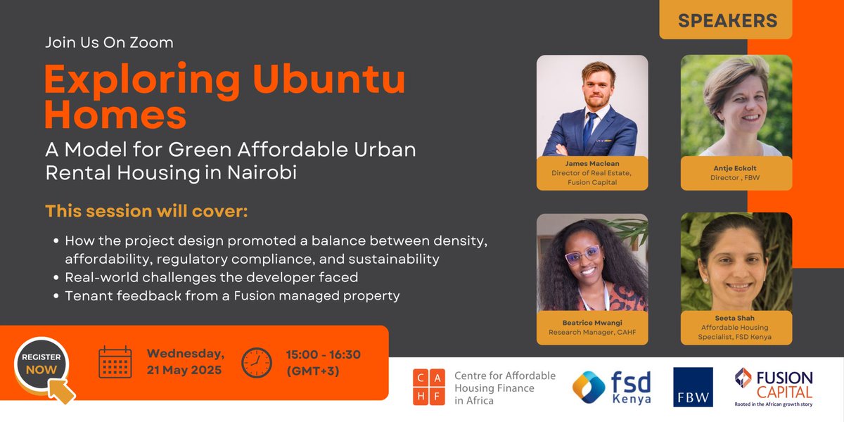 FSD Kenya (@fsdke) on Twitter photo FSD Kenya, together with FBW and <a href="/CAHF_Africa/">HousingFinanceAfrica</a> , invite you to a webinar on exploring Ubuntu Homes — Fusion Capital’s low-income rental housing concept engineered for affordability, environmental integrity, and regulatory compliance on minimal urban land.
The session will FSD Kenya, together with FBW and <a href="/CAHF_Africa/">HousingFinanceAfrica</a> , invite you to a webinar on exploring Ubuntu Homes — Fusion Capital’s low-income rental housing concept engineered for affordability, environmental integrity, and regulatory compliance on minimal urban land.
The session will